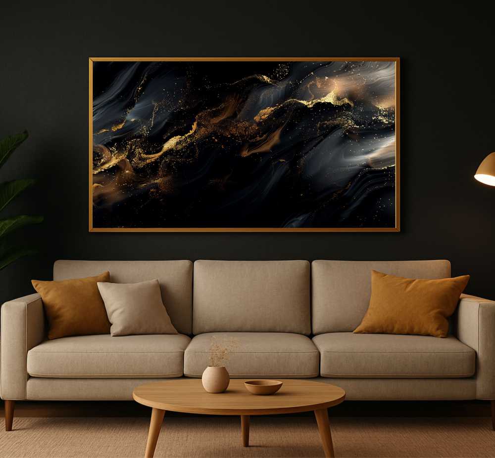 Quadro Decorativo Abstrato Preto com Ouro Liquido 